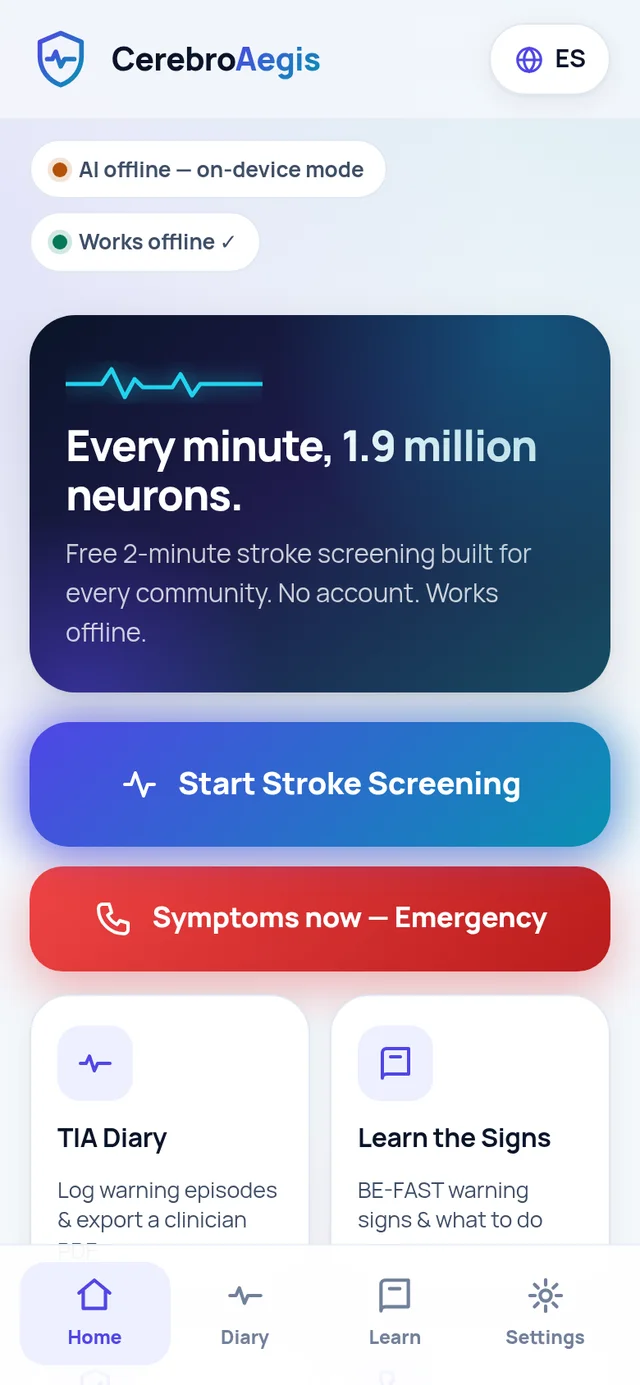 CerebroAegis app home screen showing the Start Stroke Screening button